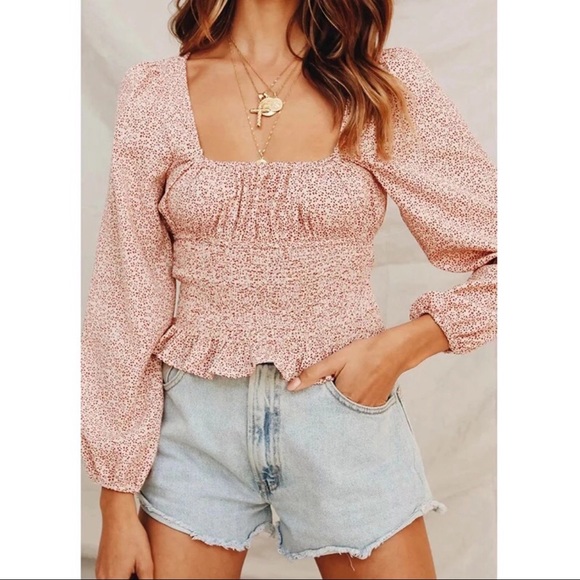 Boho Cream Red Square Necked Smocked Waist Top - Picture 3 of 8